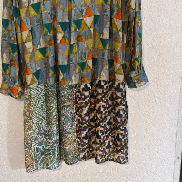 JOHN MARK Patchwork Geometric Floral Print Long Sleeve Shirt Dress Size L Birds - Picture 8 of 16